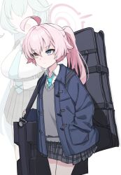 Rule 34 | 2girls, ahoge, aqua necktie, bag (chrko bag), bags under eyes, blue archive, blue eyes, blue jacket, breasts, cardigan, chest harness, closed mouth, collared shirt, cowboy shot, fading, flat chest, grey cardigan, halo, hand in pocket, harness, heterochromia, highres, hoshino (blue archive), hoshino (young) (blue archive), jacket, large breasts, long hair, multiple girls, necktie, no eyes, pink hair, pink halo, plaid, plaid skirt, ponytail, shirt, skirt, weapon case, white background, white shirt, yellow eyes, yume (blue archive)