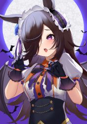 Rule 34 | 1girl, absurdres, animal ears, bat (animal), bat wings, black gloves, blouse, blush, bow, bowtie, breasts, brown hair, collared shirt, fangs, frilled hairband, frills, full moon, gloves, hair over one eye, hairband, hands up, highres, horse ears, long hair, moon, open mouth, puffy short sleeves, puffy sleeves, purple eyes, raised eyebrows, rice shower (make up vampire!) (umamusume), rice shower (umamusume), shirt, shirt tucked in, short sleeves, small breasts, solo, tongue, umamusume, upper body, white shirt, wings, xiaoyu chiaki