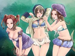Rule 34 | 3girls, adapted costume, blue nails, breasts, brown hair, cleavage, dragon quest, dragon quest heroes, dragon quest viii, dress, garter straps, hat, hayakawa pao, hood, jessica albert, julietta (dqh), large breasts, looking at viewer, medium breasts, midriff, multiple girls, nail polish, navel, open mouth, orange eyes, pointy ears, ponytail, red hair, smile, square enix, thighhighs, twintails, weapon, whip, yellow eyes