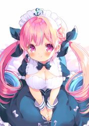 Rule 34 | 1girl, ahoge, anchor symbol, aqua hair, bow, breasts, cleavage, colored inner hair, drill hair, from above, hair ribbon, highres, hololive, kosuzume, large breasts, maid headdress, minato aqua, minato aqua (1st costume), multicolored hair, pink eyes, pink hair, ribbon, sitting, smile, solo, streaked hair, twin drills, two-tone hair, virtual youtuber, wariza
