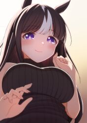 Rule 34 | 1girl, alternate costume, alternate hairstyle, animal ears, blurry, blush, breasts, closed mouth, commentary request, highres, hokko tarumae (umamusume), horse ears, horse girl, large breasts, long hair, looking at viewer, miya (m9kl), pov, purple eyes, simple background, smile, solo, sweater, umamusume, white background