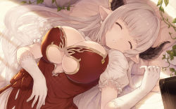 Rule 34 | 10s, 1girl, alicia (granblue fantasy), blunt bangs, breasts, cait aron, cleavage, closed eyes, draph, dress, earrings, gloves, granblue fantasy, highres, horns, jewelry, large breasts, long hair, lying, on back, pointy ears, puffy short sleeves, puffy sleeves, red dress, short sleeves, silver hair, sleeping, solo, very long hair, white gloves