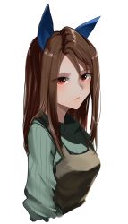 Rule 34 | 1girl, animal ears, apron, brown apron, brown hair, closed mouth, commentary request, ear covers, eyes visible through hair, green sweater, highres, horse ears, horse girl, kakuteru sudachi, king halo (umamusume), long hair, red eyes, simple background, solo, sweater, umamusume, upper body, white background