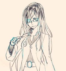 Rule 34 | 1girl, belt, black hair, crow (gravity daze), glasses, gravity daze, gravity daze 2, hair over one eye, lab coat, long hair, looking at viewer, multicolored hair, scalpel, solo, stethoscope, two-tone hair