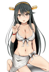 Rule 34 | 10s, 1girl, :p, bikini, black hair, blush, breasts, cleavage, collarbone, front-tie top, hairband, haruna (kancolle), headgear, highres, ippachi, kantai collection, kneeling, long hair, looking at viewer, medium breasts, navel, sarong, solo, stomach, swimsuit, tongue, tongue out, white background, white bikini, yellow eyes