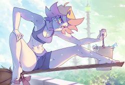 Rule 34 | 10s, 1girl, abs, amanda o&#039;neill, barefoot, bike shorts, breasts, broom, broom riding, brown hair, bucket, bucket of water, feet, green eyes, little witch academia, looking at viewer, midair, morning, rtil, short hair, solo, sports bra, spread legs, sweat, toes, toned, tower