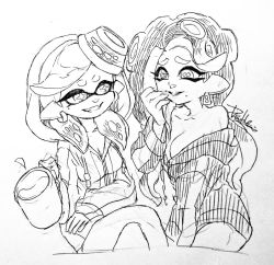 Rule 34 | 2girls, alternate costume, alternate hairstyle, breasts, cephalopod eyes, cleavage, cup, drawstring, earrings, furrowed brow, grin, hair down, hand up, holding, holding cup, hood, hood up, horizontal pupils, inkling, isamu-ki (yuuki), jewelry, long hair, long sleeves, looking at another, marie (splatoon), marina (splatoon), medium breasts, mole, mole under eye, mole under mouth, monochrome, mug, multiple girls, nintendo, octoling, pointy ears, simple background, smile, splatoon (series), suction cups, teeth, tentacle hair, traditional media, white background