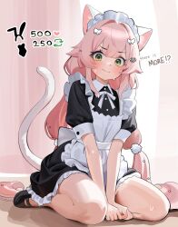 1girl absurdres alternate_costume animal_ears apron between_legs black_footwear blush bow breasts cat_ears cat_girl cat_tail closed_mouth commentary embarrassed english_commentary english_text enmaided frills frown full_body gomi_(gomiwaan) green_eyes hair_bow hair_ornament hand_between_legs heart heart_hair_ornament highres long_hair looking_at_viewer maid maid_apron maid_headdress meme original pom_pom_(clothes) pom_pom_hair_ornament sitting small_breasts solo sweatdrop tail thighs twitter_strip_game very_long_hair wariza white_tail