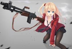 Rule 34 | 1girl, :d, arm support, black footwear, black nails, black necktie, black pantyhose, black skirt, blonde hair, blue eyes, breasts, browning automatic rifle, cleavage, coat, collared shirt, foreshortening, grey background, gun, highres, hood, hoodie, jacket, long hair, long sleeves, meso-meso, nail polish, necktie, open clothes, open jacket, open mouth, original, pantyhose, pink shirt, plaid, plaid skirt, pleated skirt, red jacket, school uniform, shirt, shoes, side ponytail, skirt, smile, solo, weapon, zipper, zipper pull tab