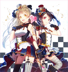 Rule 34 | 10s, 2girls, black gloves, black hair, bow, brown hair, cafe maid (love live!), checkered clothes, checkered skirt, dress, garter straps, gloves, hair ornament, hakusai (tiahszld), hat, highres, idol, jewelry, long hair, looking at viewer, love live!, love live! school idol project, minami kotori, multiple girls, musical note, short twintails, skirt, thighhighs, twintails, yazawa nico, yellow eyes