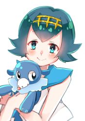 Rule 34 | 1girl, aqua eyes, aqua hair, ashuko, bare arms, blush, closed mouth, commentary request, creatures (company), game freak, gen 7 pokemon, gold hairband, hairband, holding, holding pokemon, lana (pokemon), looking at viewer, nintendo, pokemon, pokemon (creature), pokemon sm, popplio, sailor collar, shirt, short hair, sleeveless, smile, upper body, white background
