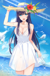 Rule 34 | 1girl, :d, adjusting clothes, adjusting headwear, black hair, blue bow, blue eyes, blue sky, bow, breasts, cleavage, cloud, collarbone, day, dress, flower, hat, hat bow, hat flower, hibiscus, highres, large breasts, long hair, looking at viewer, muka tsuku, ocean, open mouth, original, outdoors, red flower, see-through, skirt hold, sky, smile, solo, straw hat, summer, sun hat, thighs, very long hair, wading, water, water drop, white dress, yellow flower