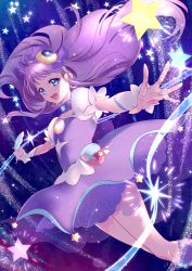 Rule 34 | 1girl, :d, absurdres, blue eyes, boots, crescent, crescent hair ornament, cure selene, dress, floating hair, hair ornament, hair tubes, highres, holding, huge filesize, knee boots, long hair, open mouth, outstretched arms, outstretched hand, precure, purple dress, purple footwear, purple hair, shipu (gassyumaron), short dress, short sleeves, smile, solo, star twinkle precure, very long hair