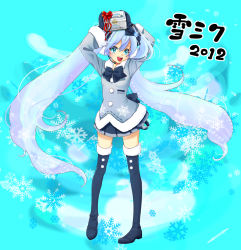 Rule 34 | 10s, 1girl, 2012, aqua eyes, arms up, blue hair, boots, bow, earmuffs, female focus, full body, gradient background, hatsune miku, headset, long hair, md5 mismatch, mittens, open mouth, resolution mismatch, shipa, skirt, snowflakes, solo, source smaller, thigh boots, thighhighs, twintails, very long hair, vocaloid, yuki miku
