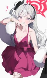 Rule 34 | 1girl, absurdres, black hairband, blue archive, blush, dress, earrings, fishnet pantyhose, fishnets, fur shawl, grey hair, grin, hairband, halo, halter dress, halterneck, highres, jewelry, long hair, looking at viewer, mutsuki (blue archive), mutsuki (dress) (blue archive), nel dcm, official alternate costume, pantyhose, pearl earrings, purple eyes, red dress, red halo, shawl, simple background, sleeveless, sleeveless dress, smile, solo, stole, white background, white fur