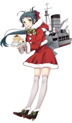 Rule 34 | 10s, 1girl, ahoge, blue hair, blush, bow, cake, christmas, dress, food, fruit, fujikawa, full body, fur trim, green eyes, hair bow, high heels, holding, hood, irako (kancolle), kantai collection, kneehighs, long hair, long sleeves, machinery, open mouth, plate, ponytail, red bow, red dress, santa costume, smile, snowman, socks, solo, strawberry, striped, striped bow, transparent background, white socks