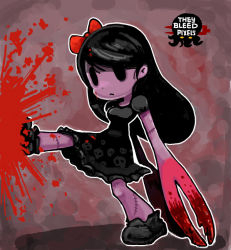 Rule 34 | 1girl, black eyes, black hair, blood, bow, clawed girl, claws, colored skin, copyright name, dress, english text, frown, hair bow, kicking, purple skin, ribbon, scar, skirt, solo, stitches, sukaponta, they bleed pixels