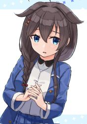 Rule 34 | 1girl, ahoge, black hair, blue eyes, blue jacket, braid, collared shirt, commentary request, corrupted twitter file, dress shirt, hair flaps, hair ornament, hair over shoulder, highres, jacket, jewelry, kantai collection, looking at viewer, necklace, official alternate costume, own hands clasped, own hands together, poipoi purin, shigure (kancolle), shigure kai ni (kancolle), shigure kai san (kancolle), shirt, simple background, single braid, solo, white background, white shirt