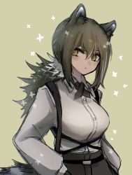 Rule 34 | 1girl, 3 (sanyako1), animal ears, arknights, belt, blouse, breasts, brown background, brown hair, closed mouth, collared shirt, cross tie, expressionless, freckles, highres, large breasts, long hair, long sleeves, looking at viewer, low ponytail, multicolored hair, raccoon ears, raccoon girl, raccoon tail, robin (arknights), shirt, simple background, sketch, solo, streaked hair, suspenders, tail, two-tone hair, underbust, upper body, white hair, white shirt, yellow background, yellow eyes