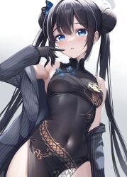 Rule 34 | 1girl, bare shoulders, black dress, black gloves, black hair, blue archive, blue eyes, braid, braided bun, breasts, butterfly hair ornament, china dress, chinese clothes, covered navel, double bun, dragon print, dress, gloves, grey eyes, grey jacket, hair bun, hair ornament, halo, izumi akane, jacket, kisaki (blue archive), long hair, looking at viewer, off shoulder, pelvic curtain, print dress, revision, short dress, side slit, sleeveless, sleeveless dress, small breasts, solo, striped clothes, striped jacket, twintails, vertical-striped clothes, vertical-striped jacket