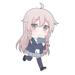 Rule 34 | 1girl, ahoge, blazer, blue eyes, blue thighhighs, blush, book, braid, expressionless, full body, grey hair, hair flaps, holding, holding book, ia (vocaloid), jacket, long hair, long sleeves, looking at viewer, lowres, mimengfeixue, running, scarf, school uniform, shirt, shoes, side braids, solo, thighhighs, vocaloid, white scarf, white shirt