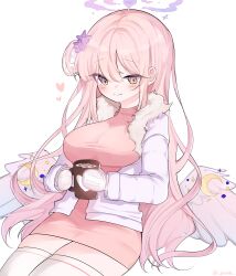 Rule 34 | 1girl, absurdres, alternate costume, blue archive, blush, breasts, cup, dated commentary, dress, feathered wings, fur-trimmed jacket, fur trim, gamre (zrzc7287), hair bun, halo, heart, highres, holding, holding cup, jacket, large breasts, long hair, mika (blue archive), mittens, mug, pink dress, pink hair, pink jacket, simple background, single side bun, smile, solo, thighhighs, very long hair, white background, white mittens, white thighhighs, white wings, wings, zettai ryouiki