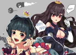 Rule 34 | &gt; &lt;, 2girls, bad id, bad pixiv id, bare shoulders, black dress, black hair, breasts, bullet bill, chain chomp, chain, cleavage, collarbone, commentary request, crown, dress, earrings, gimnang, gloves, grey nails, hair between eyes, hair ornament, hairclip, jewelry, long hair, looking at viewer, mario (series), medium breasts, multiple girls, nail polish, nintendo, open mouth, princess chain chomp, red eyes, red hair, sharp teeth, simple background, skull hair ornament, speech bubble, super crown, teeth, white gloves