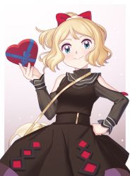 Rule 34 | 1girl, arm cutout, bag, belt, blonde hair, blue eyes, blush, brown belt, closed mouth, commentary, creatures (company), dress, english commentary, eyelashes, from below, game freak, gazing eye, gift, hair ornament, hand on own hip, hand up, highres, holding, long sleeves, nintendo, official alternate costume, pokemon, pokemon (anime), pokemon masters ex, pokemon xy (anime), serena (palentine&#039;s 2021) (pokemon), serena (pokemon), short hair, shoulder bag, smile, solo, valentine, yellow bag