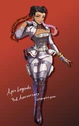 Rule 34 | 1girl, akami maguro, animification, anniversary, apex legends, black footwear, boots, braid, breasts, brown eyes, brown hair, cleavage, copyright name, corset, cropped jacket, eyeshadow, fingerless gloves, floating hair, gloves, gradient hair, grey gloves, highres, jacket, knee boots, loba (apex legends), makeup, multicolored hair, pants, red background, red eyeshadow, red hair, smile, solo, twin braids, white jacket, white pants