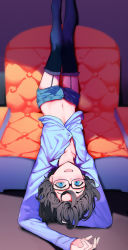 Rule 34 | 1boy, :d, absurdres, armchair, black hair, black thighhighs, blue eyes, chair, garter straps, glasses, highres, indie virtual youtuber, kushizaki (vtuber), legs up, looking at viewer, male focus, midriff, mole, mole above eye, open mouth, short shorts, shorts, smile, solo, st (youx1119), thighhighs, trap, upside-down, virtual youtuber