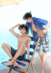 Rule 34 | 2boys, bare arms, bare shoulders, barefoot, beach chair, blue eyes, blue jacket, blue male swimwear, blue swim trunks, brown hair, closed mouth, collarbone, drawstring, eyewear on head, feet, grey male swimwear, grey swim trunks, groin, hair between eyes, hand on own hip, highres, hood, hood down, hooded jacket, indian style, jacket, kudou shin&#039;ichi, kuroba kaito, leaning forward, long hair, looking at viewer, magic kaito, male focus, male swimwear, meitantei conan, multiple boys, navel, on chair, open clothes, open jacket, parasol, poolside, print male swimwear, print swim trunks, remsor076, short hair, short sleeves, sitting, smile, soles, sparkle, standing, striped, striped male swimwear, striped swim trunks, sunglasses, swim trunks, swimsuit, toes, topless, umbrella