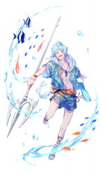 Rule 34 | 1boy, absurdres, amulet, artist name, blue eyes, blue hair, blue jacket, blue shorts, character request, commentary request, copyright request, dated, drawstring, earrings, fish, fish request, flower, flower bracelet, full body, gladiator sandals, highres, holding, holding trident, holding weapon, hood, hood down, hooded jacket, jacket, jewelry, looking at viewer, male focus, neck ring, open clothes, open jacket, open mouth, pointy ears, polearm, sandals, short hair, short sleeves, shorts, solo, teeth, trident, ushi 424, water drop, weapon, white background, white flower