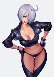 Rule 34 | 1girl, angel (kof), bra, breasts, chaps, cleavage, collarbone, cropped jacket, fingerless gloves, gloves, hair over eyes, hair over one eye, jacket, large breasts, leather, leather jacket, looking at viewer, midriff, navel, nude, open mouth, panties, phamoz, smile, snk, solo, stomach, strapless, strapless bra, the king of fighters, the king of fighters xiv, the king of fighters xv, toned, underwear, white hair