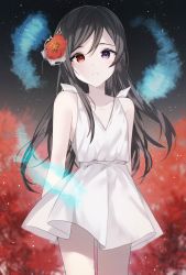 Rule 34 | 1girl, bad id, bad pixiv id, bare shoulders, black hair, blue eyes, breasts, collarbone, commentary request, dress, flower, hair flower, hair ornament, highres, long hair, looking at viewer, night, night sky, original, parted lips, red eyes, red flower, short dress, sky, small breasts, standing, tears, teeth, white dress, yuhi (hssh 6)