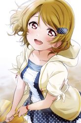 Rule 34 | 1girl, blonde hair, blue dress, bracelet, coat, collarbone, curly hair, dress, fuyuu310, hair ornament, hairclip, highres, holding, holding umbrella, hood, hooded coat, jewelry, koizumi hanayo, looking at viewer, love live!, love live! school idol project, open clothes, open coat, open mouth, polka dot, purple eyes, short hair, short sleeves, smile, teeth, umbrella, upper teeth only, yellow coat, yellow umbrella