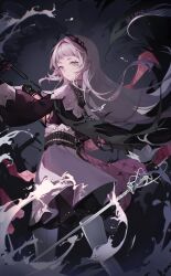 Rule 34 | 1girl, ammunition belt, arknights, artist name, black cape, black gloves, black shirt, blunt bangs, cape, closed mouth, commentary request, earrings, expressionless, feet out of frame, from behind, gloves, grey hair, hair intakes, highres, holding, holding lantern, holding sword, holding weapon, irene (arknights), isho7, jewelry, lantern, long hair, long sleeves, looking at viewer, looking back, pantyhose, puffy long sleeves, puffy sleeves, rapier, red eyes, scar, scar across eye, seamed legwear, shirt, single earring, skirt, solo, sword, torn cape, torn clothes, very long hair, waves, weapon, white pantyhose, white skirt