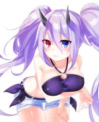 Rule 34 | 1girl, bare shoulders, blue eyes, blue hair, bra, breast hold, breasts, cleavage, collarbone, commentary request, cowboy shot, demon horns, denim, denim shorts, hair between eyes, hand on own hip, hatsuno uin, heterochromia, highres, horns, io (pso2), large breasts, leaning forward, legs together, looking at viewer, o-ring, o-ring top, original, phantasy star, phantasy star online 2, purple bra, red eyes, short shorts, shorts, sidelocks, solo, sparkle, standing, swimsuit, thigh gap, twintails, underwear, white background