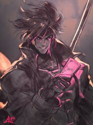 Rule 34 | 1boy, animification, black sclera, brown hair, card, card with aura, coat, colored sclera, david liu, fingerless gloves, gambit, gloves, highres, holding, holding card, jacket, looking at viewer, male focus, marvel, playing card, red eyes, solo, spoilers, staff, trench coat, x-men, x-men: the animated series