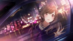Rule 34 | 1girl, blue jacket, blurry, blush, bokeh, breasts, brown hair, car, city, collarbone, depth of field, earrings, eye reflection, faceless, ferris wheel, game cg, hand on glass, idolmaster, idolmaster shiny colors, jacket, jewelry, large breasts, long hair, looking afar, motor vehicle, necklace, night, official art, parted lips, purple shirt, red eyes, reflection, shirt, short sleeves, shrug (clothing), sidelocks, sitting, smile, solo focus, through window, tsukioka kogane, upper body