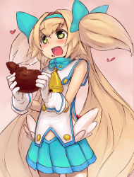 Rule 34 | 1girl, arc system works, bell, blazblue, blazblue: continuum shift, blonde hair, blush, bow, chiwino, chocolate, gloves, green eyes, hair bow, hairband, heart, heart-shaped pupils, long hair, open mouth, platinum the trinity, skirt, smile, solo, symbol-shaped pupils, two side up, valentine, very long hair