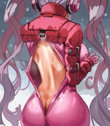 Rule 34 | 1girl, alice (nikke), ass, back, bare back, bodysuit, breasts, butt crack, cropped jacket, from behind, gloves, goddess of victory: nikke, grey hair, headphones, highres, jacket, large breasts, latex, latex bodysuit, long hair, multicolored hair, open bodysuit, open clothes, pink bodysuit, pink gloves, pink hair, red jacket, simplecar, skin tight, snow, solo, sweat, twintails, very long hair