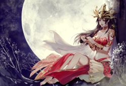 Rule 34 | 1girl, artist request, bare legs, black hair, cai lin (doupo cangqiong), doupo cangqiong, dress, feathers, flower, highres, holding, holding feather, long hair, moon, navel, night, petals, pointy ears, red dress, red skirt, second-party source, sitting, skirt, smile, solo, strapless, tree, tube top