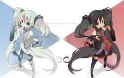 Rule 34 | 2girls, black hair, boots, detached sleeves, grin, hatsune miku, headset, long hair, multiple girls, necktie, red eyes, skirt, smile, thigh boots, thighhighs, twintails, very long hair, vocaloid, yumeyoi, zatsune miku