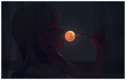 Rule 34 | 1girl, border, collar, commentary request, dark, eclipse, closed eyes, fang, forced perspective, fork, highres, holding, holding fork, long hair, lunar eclipse, makaino ririmu, moon, night, nijisanji, open mouth, pointy ears, profile, red moon, sabamen, sidelocks, solo, upper body, virtual youtuber, white border, window