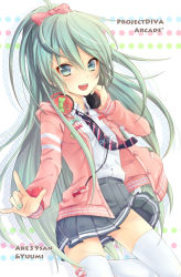 Rule 34 | 1girl, 39, green eyes, green hair, hatsune miku, headphones, headphones around neck, long hair, matching hair/eyes, natsumi yuu, necktie, open mouth, ponytail, project diva (series), project diva f, skirt, solo, thighhighs, very long hair, vocaloid
