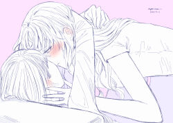 Rule 34 | 2girls, absurdres, arms around neck, blush, commentary request, couch, dated, girl on top, hand on another&#039;s back, hand on another&#039;s face, highres, imminent kiss, long hair, looking at another, multiple girls, on couch, original, parted lips, pink background, shirt, short sleeves, twitter username, upper body, yuri, yuri kyanon