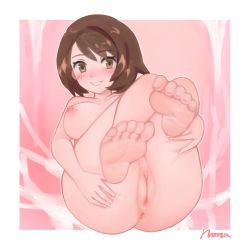 Rule 34 | 1girl, alternate breast size, anus, ass, bad id, barefoot, blush, bob cut, border, breasts, brown eyes, brown hair, cleft of venus, commentary request, creatures (company), feet, foot focus, foreshortening, game freak, gloria (pokemon), hand on own thigh, highres, large breasts, looking at viewer, nintendo, nipples, norza, nude, pokemon, pokemon swsh, pussy, short hair, signature, smile, soles, solo, toes, uncensored, white border