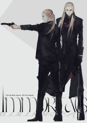 Rule 34 | 2boys, alternate costume, back, black coat, black jacket, black pants, blonde hair, closed mouth, coat, contemporary, elf, father and son, full body, gun, handgun, holding, holding gun, holding weapon, jacket, legolas, long hair, long sleeves, looking at viewer, looking to the side, male focus, manly, mian lang, multiple boys, pants, pointy ears, ponytail, smile, standing, the hobbit, the lord of the rings, thranduil, tolkien&#039;s legendarium, tolkien's legendarium, weapon