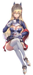 Rule 34 | 1girl, azur lane, blonde hair, blue dress, blush, boots, braid, breasts, cleavage, cleavage cutout, closed eyes, closed mouth, clothing cutout, commentary request, crossed legs, cup, dress, facing viewer, full body, glorious (azur lane), gloves, hair between eyes, headgear, highres, holding, holding cup, long hair, long sleeves, medium breasts, parfaitlate, simple background, sitting, smile, solo, teacup, thigh boots, thighhighs, very long hair, white background, white footwear, white gloves, white thighhighs