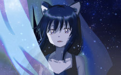 Rule 34 | 1girl, animal ear fluff, animal ears, bad id, bad pixiv id, bare shoulders, black dress, black hair, blue eyes, character request, collarbone, commentary request, crying, crying with eyes open, curtains, dress, fangs, hair between eyes, kayanogura, long hair, looking at viewer, ookami kodomo no ame to yuki, open mouth, sleeveless, sleeveless dress, solo, tears, transparent, upper body
